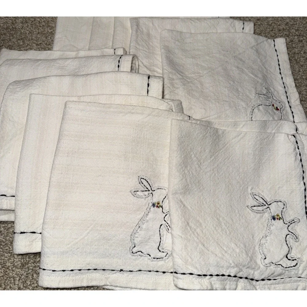 Bunny Tales Bunny Rabbit Embroidered  Cloth Napkins Set Of 11 Cream Striped‎